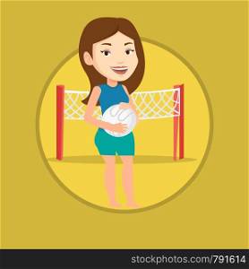 Young caucasian sportswoman holding volleyball ball in hands. Beach volleyball player standing on the background of volleyball net. Vector flat design illustration in the circle isolated on background. Beach volleyball player vector illustration.
