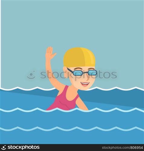 Young caucasian sportswoman in a cap and glasses swimming in the pool. Professional sportswoman swimming the front crawl. Sport and leisure concept. Vector cartoon illustration. Square layout.. Young caucasian sportswoman swimming.