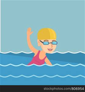 Young caucasian sportswoman in a cap and glasses swimming in the pool. Professional sportswoman swimming the front crawl. Sport and leisure concept. Vector cartoon illustration. Square layout.. Young caucasian sportswoman swimming.