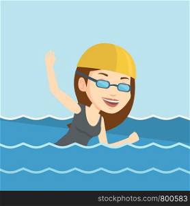Young caucasian sportswoman in cap and glasses swimming in pool. Professional female swimmer in swimming pool. Woman swimming forward crawl style. Vector flat design illustration. Square layout.. Woman swimming vector illustration.