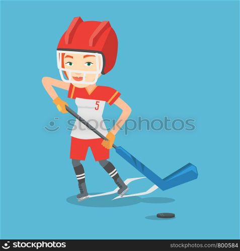 Young caucasian sportswoman playing ice hockey. Female ice hockey player in uniform skating on a rink. Female ice hockey player with a stick and puck. Vector flat design illustration. Square layout.. Ice hockey player vector illustration.