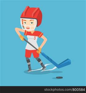 Young caucasian sportswoman playing ice hockey. Female ice hockey player in uniform skating on a rink. Female ice hockey player with a stick and puck. Vector flat design illustration. Square layout.. Ice hockey player vector illustration.