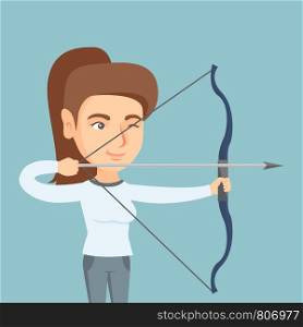 Young caucasian sportswoman practicing in archery. Concentrated archery player aiming with a bow and an arrow. Sport and leisure concept. Vector cartoon illustration. Square layout.. Young caucasian archer training with a bow.