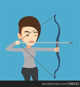 Young caucasian sportswoman practicing in archery. Concentrated sportive woman training with the bow. Archery player aiming with a bow in hands. Vector flat design illustration. Square layout.. Archer training with the bow vector illustration.
