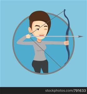 Young caucasian sportswoman practicing in archery. Sportive woman training with the bow. Archery player aiming with a bow in hands. Vector flat design illustration in the circle isolated on background. Archer training with the bow vector illustration.