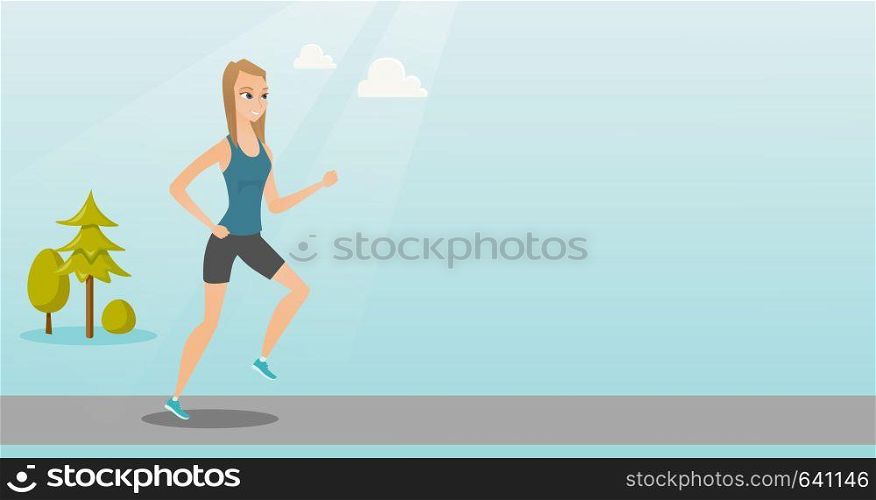 Young caucasian sportswoman running. Cheerful sportswoman running outdoors. Smiling sportswoman running in the park. Running woman on forest road. Vector flat design illustration. Horizontal layout.. Young woman running vector illustration.