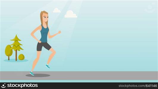 Young caucasian sportswoman running. Cheerful sportswoman running outdoors. Smiling sportswoman running in the park. Running woman on forest road. Vector flat design illustration. Horizontal layout.. Young woman running vector illustration.
