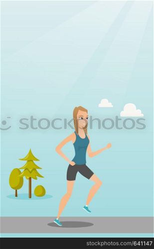 Young caucasian sportswoman running. Cheerful sportswoman running outdoors. Smiling sportswoman running in the park. Running woman on forest road. Vector flat design illustration. Vertical layout.. Young woman running vector illustration.