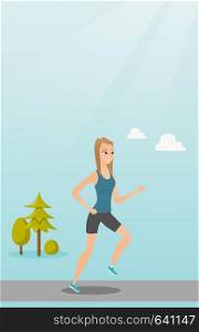Young caucasian sportswoman running. Cheerful sportswoman running outdoors. Smiling sportswoman running in the park. Running woman on forest road. Vector flat design illustration. Vertical layout.. Young woman running vector illustration.