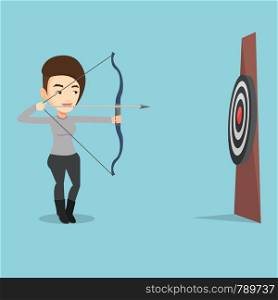Young caucasian sportswoman shooting with bows during archery competition. Bowman aiming with bow and arrow at the target. Bowman practicing with bow. Vector flat design illustration. Square layout.. Archer aiming with bow and arrow at the target.