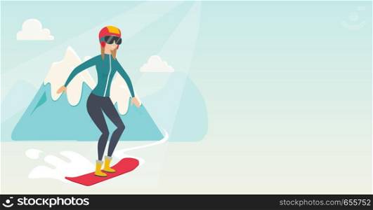 Young caucasian sportswoman snowboarding on the background of snow capped mountains. Snowboarder snowboarding on the piste in the mountains. Vector flat design illustration. Horizontal layout.. Young caucasian woman snowboarding.