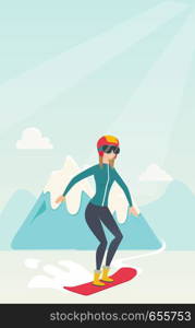 Young caucasian sportswoman snowboarding on the background of snow capped mountains. Snowboarder snowboarding on the piste in the mountains. Vector flat design illustration. Vertical layout.. Young caucasian woman snowboarding.