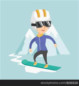 Young caucasian sportswoman snowboarding on the background of snow capped mountains. Snowboarder snowboarding on the piste in the mountains. Vector cartoon illustration. Square layout.. Young caucasian woman snowboarding.