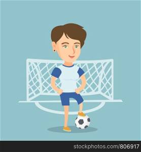 Young caucasian sportswoman standing with a football ball on the background of football gate. Football player standing with a soccer ball on the field. Vector cartoon illustration. Square layout.. Young caucasian football player with a ball.