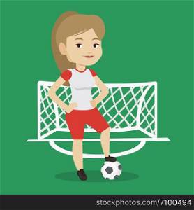 Young caucasian sportswoman standing with football ball on the stadium. Professional female football player standing with a soccer ball on the field. Vector flat design illustration. Square layout.. Football player with ball vector illustration.