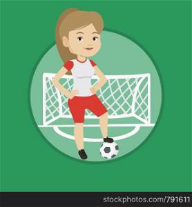 Young caucasian sportswoman standing with football ball on the stadium. Football player standing with a soccer ball on the field. Vector flat design illustration in the circle isolated on background.. Football player with ball vector illustration.