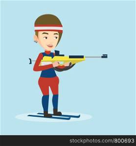 Young caucasian sportswoman taking part in ski biathlon competition. Happy biathlon runner aiming at the target. Female biathlon shooter with a weapon. Vector flat design illustration. Square layout.. Cheerful biathlon runner aiming at the target.