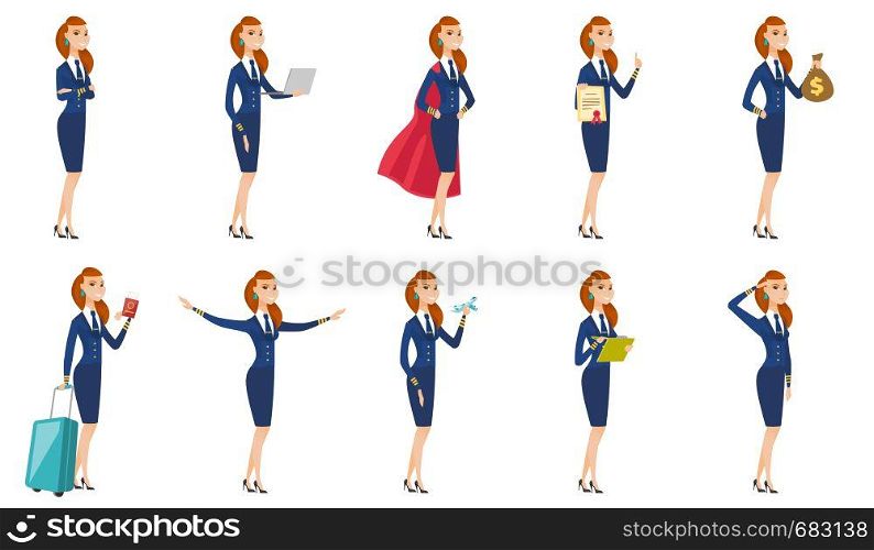 Young caucasian stewardess with arms outstretched. Full length of stewardess in uniform gesturing her outstretched arms as a plane. Set of vector flat design illustrations isolated on white background. Vector set of stewardess characters.