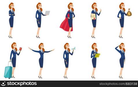 Young caucasian stewardess with arms outstretched. Full length of stewardess in uniform gesturing her outstretched arms as a plane. Set of vector flat design illustrations isolated on white background. Vector set of stewardess characters.