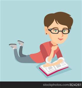 Young caucasian student laying on the floor and reading a book. Student lying on the floor with a book and preparing for the exam. Concept of education. Vector cartoon illustration. Square layout.. Student laying on the floor and reading a book.