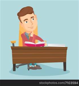 Young caucasian student sitting at the table and thinking. Thinking student writing in exercise book. Thinking smiling student doing homework. Vector flat design illustration. Square layout.. Student writing at the desk vector illustration.