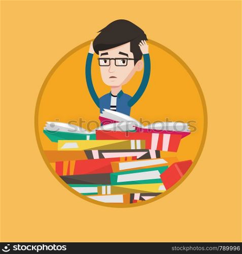 Young caucasian student sitting in huge pile of books. Exhausted student clutching head while reading books. Concept of education. Vector flat design illustration in the circle isolated on background.. Student sitting in huge pile of books.