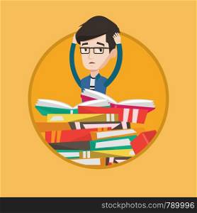 Young caucasian student sitting in huge pile of books. Exhausted student clutching head while reading books. Concept of education. Vector flat design illustration in the circle isolated on background.. Student sitting in huge pile of books.