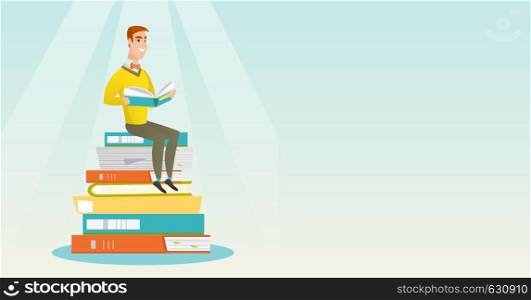 Young caucasian student sitting on huge pile of books. Happy student in suit reading book. Smiling man sitting on stack of books with book in hands. Vector flat design illustration. Horizontal layout.. Student sitting on huge pile of books.