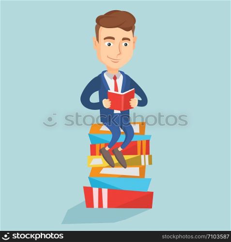 Young caucasian student sitting on huge pile of books. Happy student in suit reading book. Smiling man sitting on stack of books with book in hands. Vector flat design illustration. Square layout.. Student sitting on huge pile of books.
