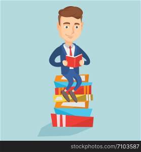 Young caucasian student sitting on huge pile of books. Happy student in suit reading book. Smiling man sitting on stack of books with book in hands. Vector flat design illustration. Square layout.. Student sitting on huge pile of books.
