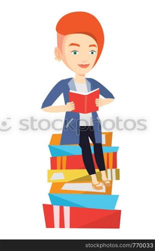 Young caucasian student sitting on huge pile of books. Student reading book. Smiling woman sitting on stack of books with book in hands. Vector flat design illustration isolated on white background.. Student sitting on huge pile of books.