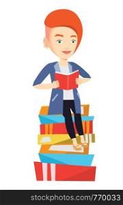 Young caucasian student sitting on huge pile of books. Student reading book. Smiling woman sitting on stack of books with book in hands. Vector flat design illustration isolated on white background.. Student sitting on huge pile of books.
