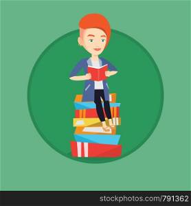 Young caucasian student sitting on huge pile of books. Student reading book. Woman sitting on stack of books with book in hands. Vector flat design illustration in the circle isolated on background.. Student sitting on huge pile of books.