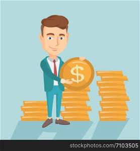 Young caucasian successful business man with dollar golden coin in hands. Successful business man holding golden coin. Business success concept. Vector flat design illustration. Square layout.. Successful business man with dollar coin.