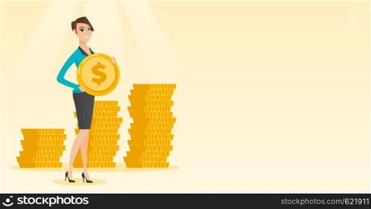 Young caucasian successful business woman with dollar golden coin in hands. Successful business woman holding golden coin. Business success concept. Vector flat design illustration. Horizontal layout.. Successful business woman with dollar coin.