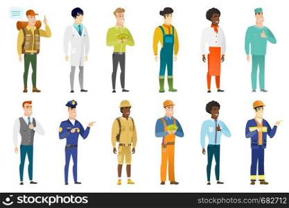 Young caucasian surgeon giving thumb up. Full length of smiling surgeon with thumb up. Cheerful surgeon doctor showing thumb up. Set of vector flat design illustrations isolated on white background.. Vector set of professions characters.