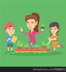 Young caucasian teacher and school kids planting sprouts in the garden. Teacher teaching school kids how to grow sprouts at the lesson of botany. Vector sketch cartoon illustration. Square layout.. Caucasian teacher and school kids planting sprouts