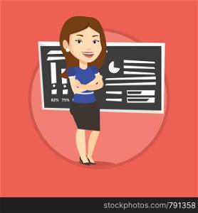Young caucasian teacher standing in classroom. Smiling teacher standing in front of chalkboard. Teacher standing with folded arms. Vector flat design illustration in the circle isolated on background.. Teacher or student standing in front of chalkboard