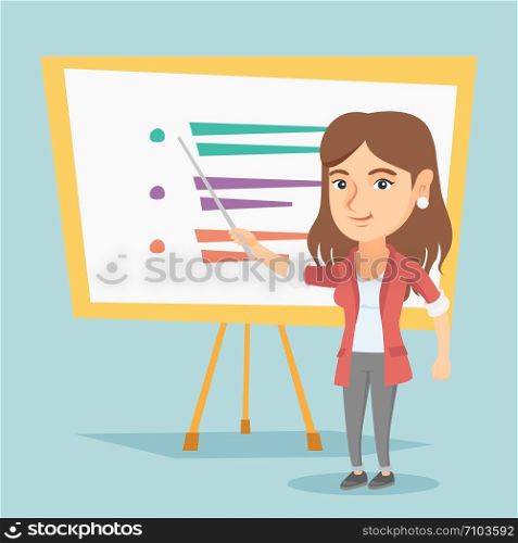 Young caucasian teacher standing in front of board with pointer. Smiling teacher holding a pointer. Teacher or student pointing at the board with a pointer. Vector cartoon illustration. Square layout.. Caucasian teacher or student pointing at board.