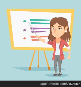 Young caucasian teacher standing in front of board with pointer. Smiling teacher holding a pointer. Teacher or student pointing at the board with a pointer. Vector cartoon illustration. Square layout.. Caucasian teacher or student pointing at board.