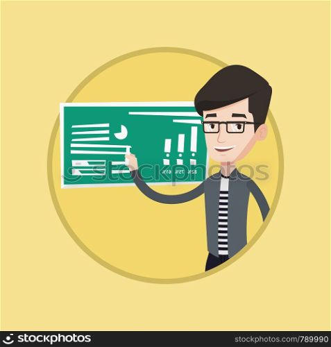 Young caucasian teacher standing in front of the blackboard with a piece of chalk in hand. Teacher writing on a chalkboard. Vector flat design illustration in the circle isolated on background.. Man writing on a chalkboard vector illustration.