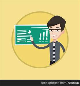 Young caucasian teacher standing in front of the blackboard with a piece of chalk in hand. Teacher writing on a chalkboard. Vector flat design illustration in the circle isolated on background.. Man writing on a chalkboard vector illustration.