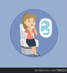 Young caucasian terrified airplane passenger shocked by plane flight in a turbulent area. Airplane passenger frightened by flight. Vector flat design illustration in the circle isolated on background.. Young woman suffering from fear of flying.