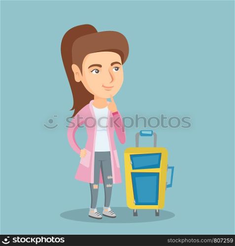 Young caucasian thoughtful woman holding her finger on a chin and waiting for a flight. Full length of passenger with a suitcase. Vector cartoon illustration. Square layout.. Caucasian woman with suitcase waiting for a flight