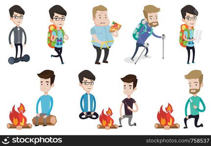 Young caucasian tourist sitting on a log near campfire. Torist roasting marshmallow over campfire. Tourist relaxing near campfire. Set of vector flat design illustrations isolated on white background.. Vector set of traveling people.