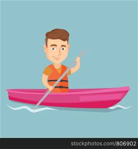 Young caucasian traveler man traveling by kayak. Happy sportsman riding a kayak on the river. Traveling man paddling a canoe. Sport and tourism concept. Vector flat design illustration. Square layout.. Sportsman riding a kayak vector illustration.