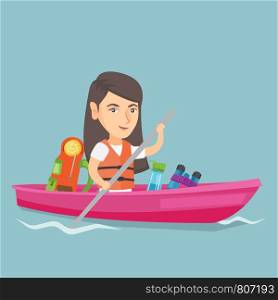 Young caucasian traveler woman riding a kayak on the river. Cheerful traveler woman traveling by kayak. Concept of travel and tourism. Vector cartoon illustration. Square layout.. Young caucasian woman riding a kayak.