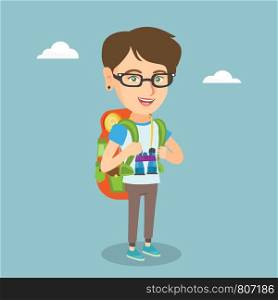 Young caucasian traveler woman standing with a backpack and binoculars. Smiling traveler woman enjoying her recreation time. Happy woman during summer trip. Vector cartoon illustration. Square layout.. Young caucasian traveler woman with a backpack.