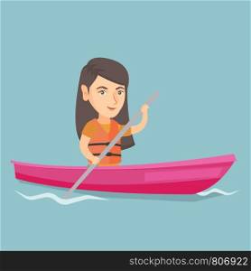 Young caucasian traveler woman traveling by kayak. Sportswoman riding a kayak on river. Traveling woman paddling a canoe. Sport and tourism concept. Vector cartoon illustration. Square layout.. Young caucasian woman travelling by kayak.