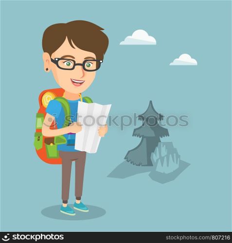 Young caucasian traveler woman with a backpack and binoculars looking at map. Full length of smiling traveler woman searching right direction on a map. Vector cartoon illustration. Square layout.. Young caucasian traveler woman looking at map.